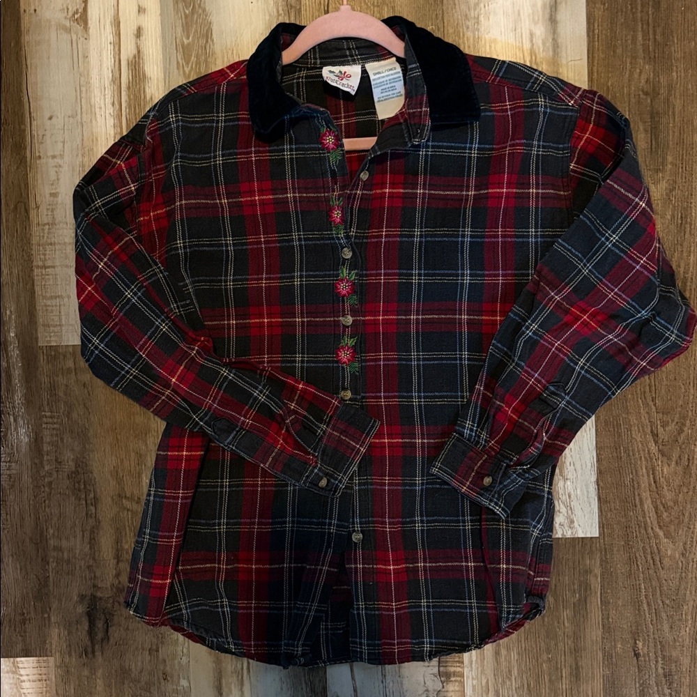 Plaid Button-Up Shirt vintage with Floral Accents, Flannel, Velvet Accents